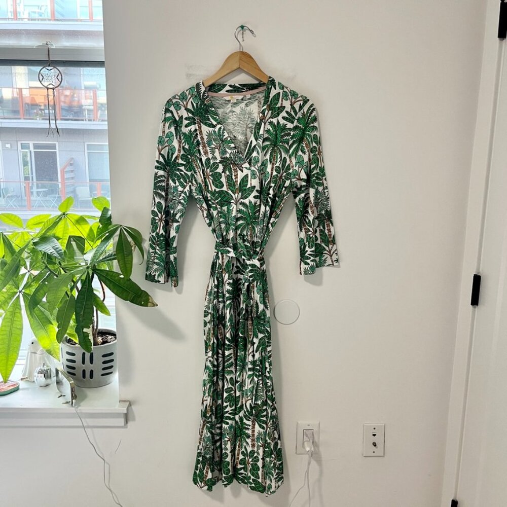 Boden Palm Tree & Leaf Print Long Sleeve Midi Dress Size 12